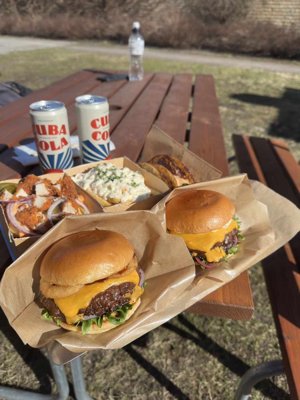 Two cheeseburgers with fries in a basket
