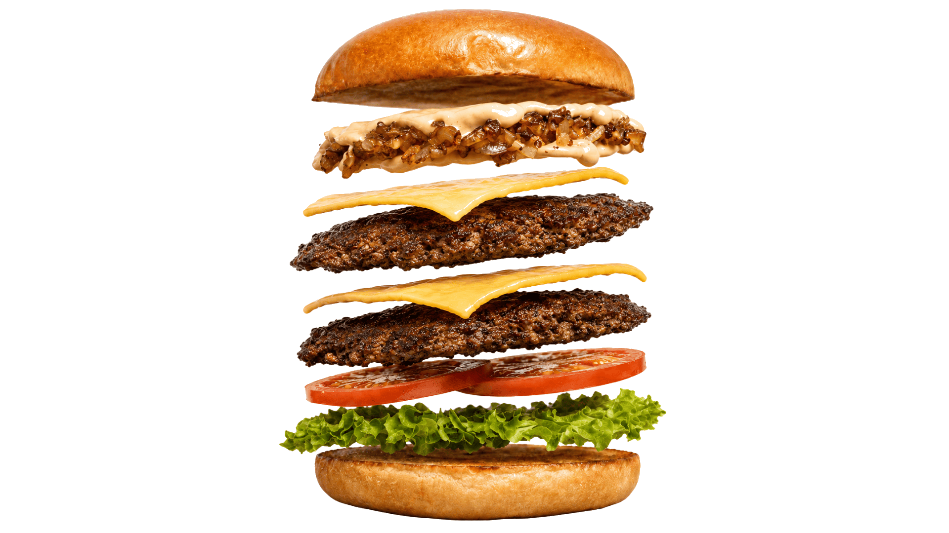 Epic Mode cross-section: brioche bun, dressing, caramelised onions, cheddar, two smashed patties, tomato and lettuce
